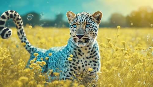 Design giocoso e vivace con stampa leopardata celeste su campo giallo sole.
