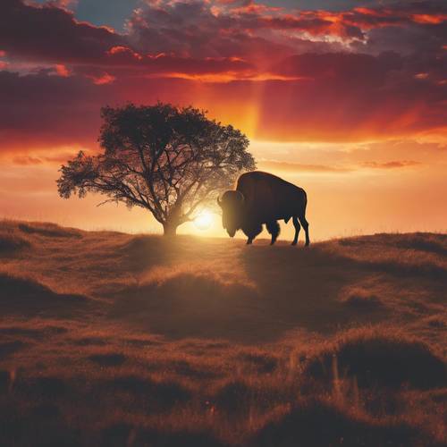 A bison silhouetted against the vibrant sunset, standing atop a small hill.