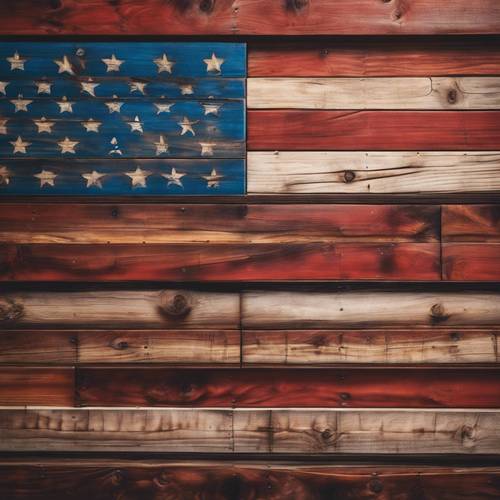 Uma bandeira americana de madeira rústica feita à mão com amor