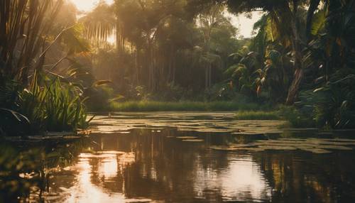 황혼의 황금빛 빛을 받으며 고대 정글에 있는 조용하고 고요한 연못입니다.