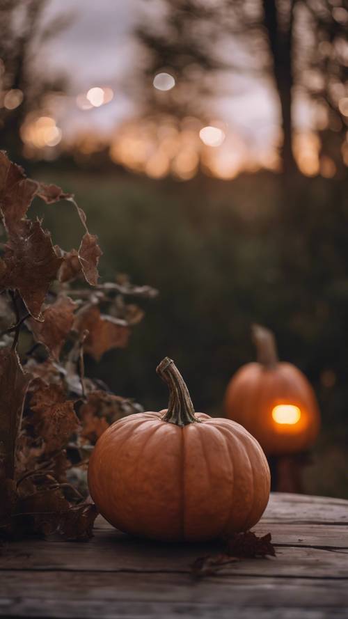 A rustic country setting with an aesthetically pleasing pumpkin on a wooden table under soft twilight