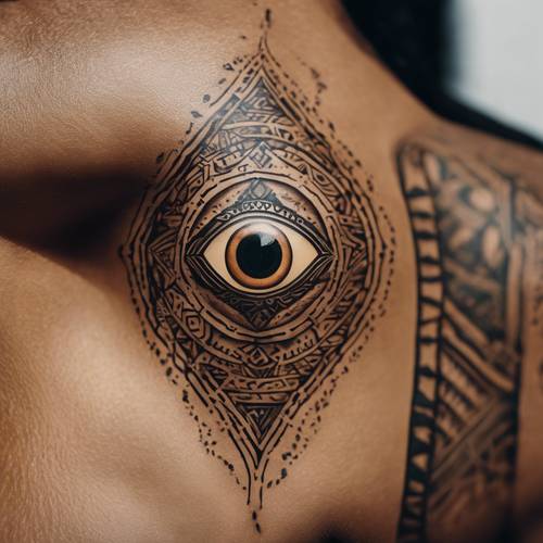 A unique evil eye tattoo design with intricate tribals and sharp lines set against medium brown skin.