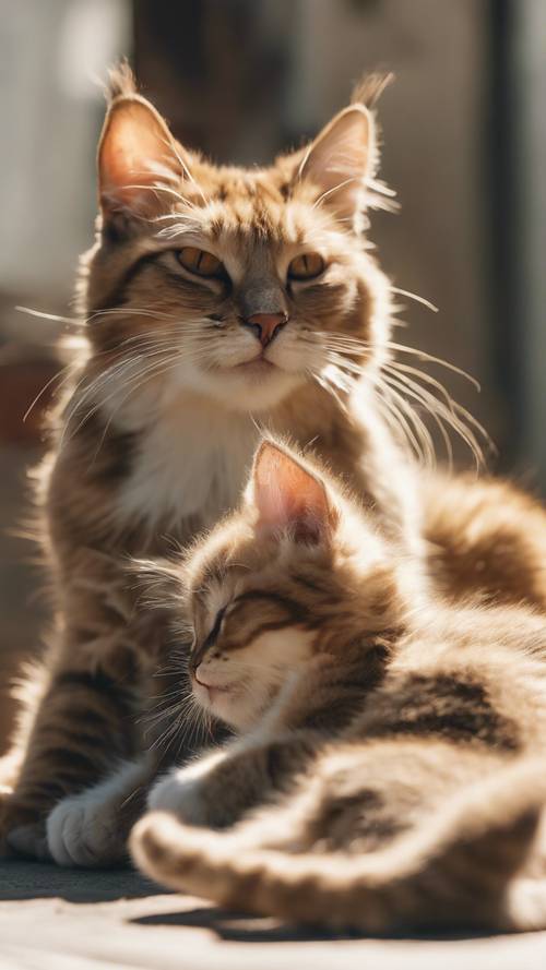 Uma orgulhosa mãe gata cuidando de sua ninhada de gatinhos em um local macio e irregular iluminado pelo sol.