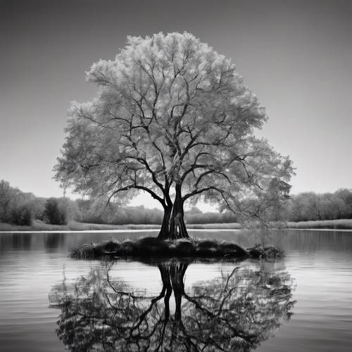 Gambar hitam putih kontras tinggi dari sebatang pohon yang terpantul di perairan tenang, menciptakan keajaiban visual yang simetris.