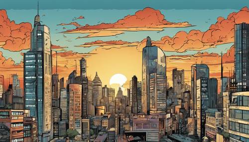 Panoramiczny widok na panoramę miasta z kreskówek o zachodzie słońca, z sylwetkami różnych stylów budowlanych.