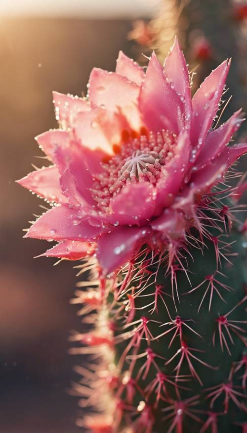 一株开花的粉色仙人掌的特写，露珠在清晨的阳光下闪闪发光。