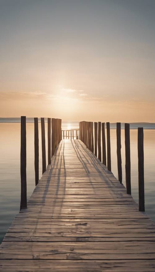 A sun-bleached wood jetty extending out onto a calm, shimmering ocean at sunrise on a summer morning.