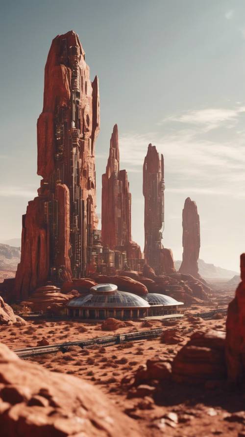 The complex skyline of a Martian colony city sculpted from red rocks.