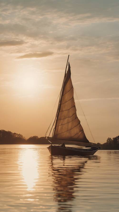Ein Bild, das ein einsames Boot zeigt, das auf einem ruhigen Fluss segelt, eingehüllt in das strahlende Licht der untergehenden Sonne.
