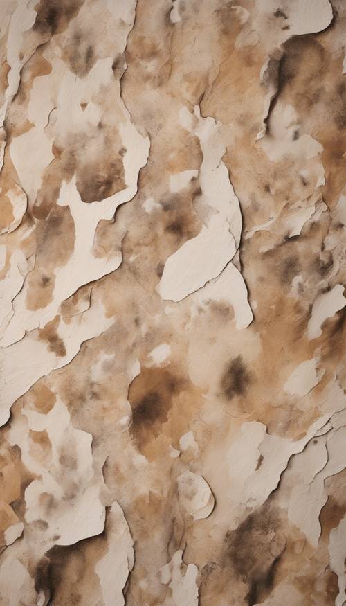 Une peinture abstraite aux formes et motifs ressemblant à une peau de vache beige.