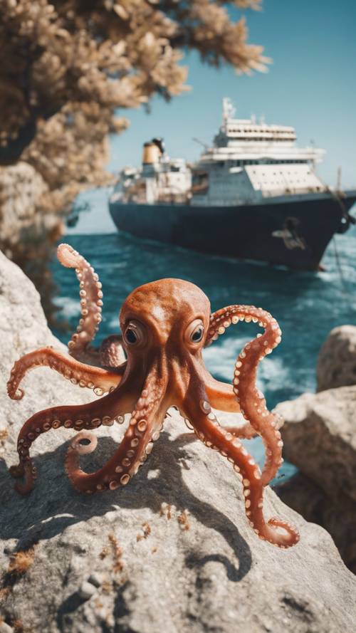 An octopus standing atop a rock, waving to a passing ship on a sunny day.