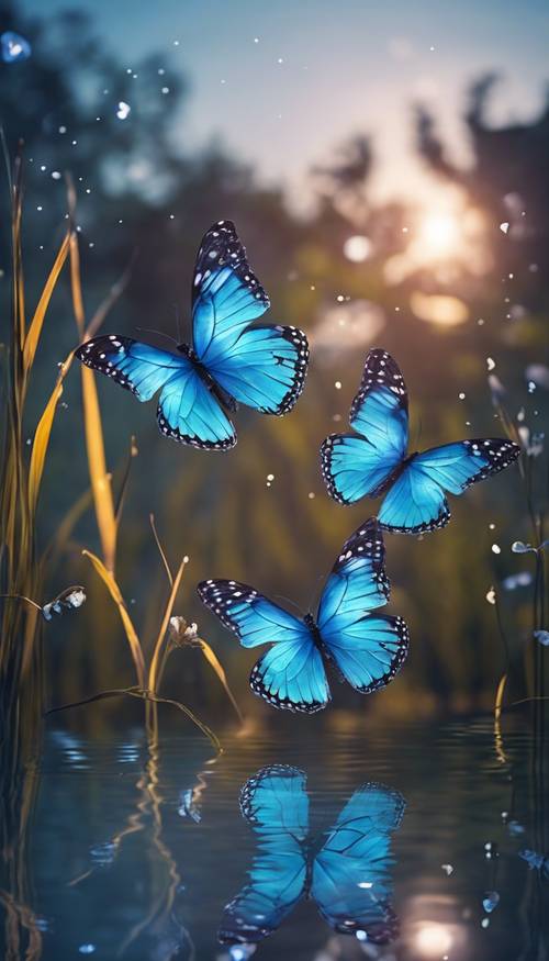 Mariposas de color azul neón revoloteando sobre un estanque tranquilo al atardecer