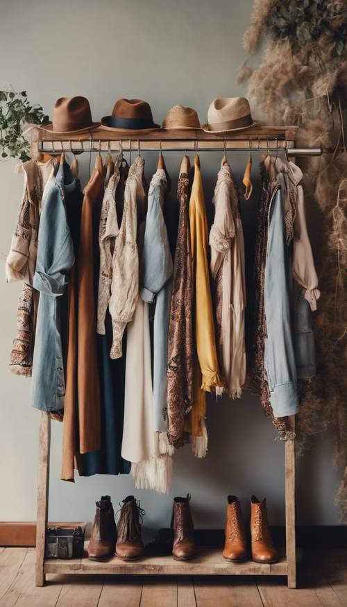 A collection of boho-preppy outfits displayed on a vintage wooden rack in a trendy fashion shop.