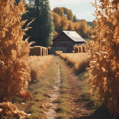 A cute and kawaii landscape of a farm during the autumn harvest