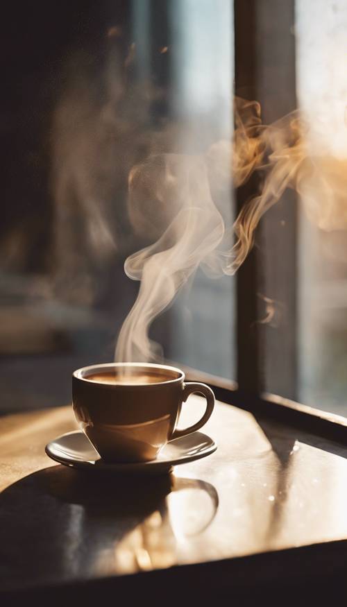 Une peinture abstraite représentant une tasse de café fumante assise près d’une fenêtre au lever du soleil.