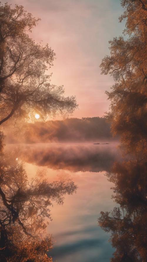 Los reflejos etéreos en un lago místico bajo la luz mágica de un atardecer de ensueño.