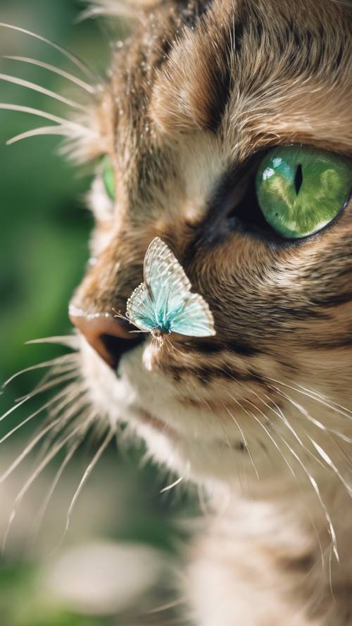 这是一只好奇的小猫的特写照片，它有一双明亮的绿色眼睛，正在观察鼻子上飞舞的蝴蝶。