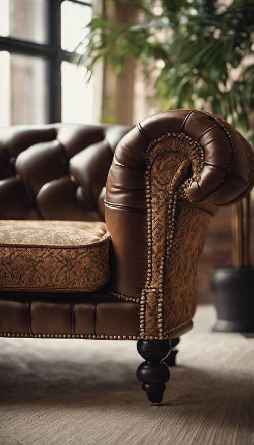 Pelapis damask coklat yang elegan pada sofa chesterfield klasik