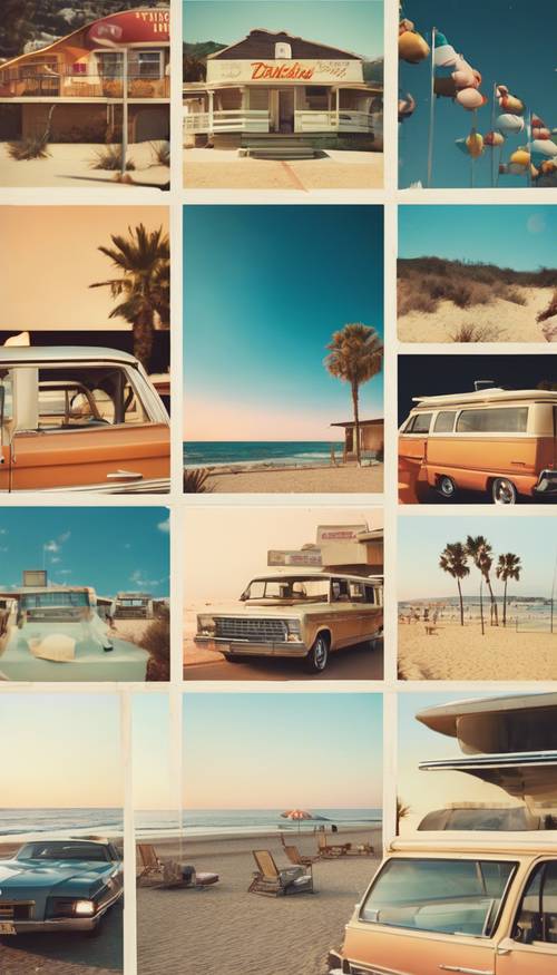 Eine nostalgische Collage, die die Geschichte eines Sommer-Roadtrips in den 70er-Jahren erzählt, bestehend aus Polaroids von Stränden, Motels, Restaurants und Sonnenuntergängen.