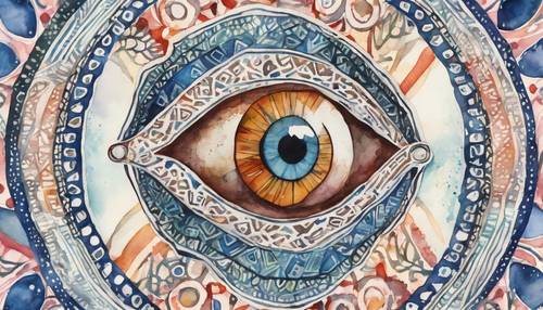 A watercolor painting of a graphic evil eye amid intricate preppy patterns.