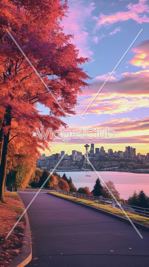シアトルの街並みと秋の葉っぱの壁紙