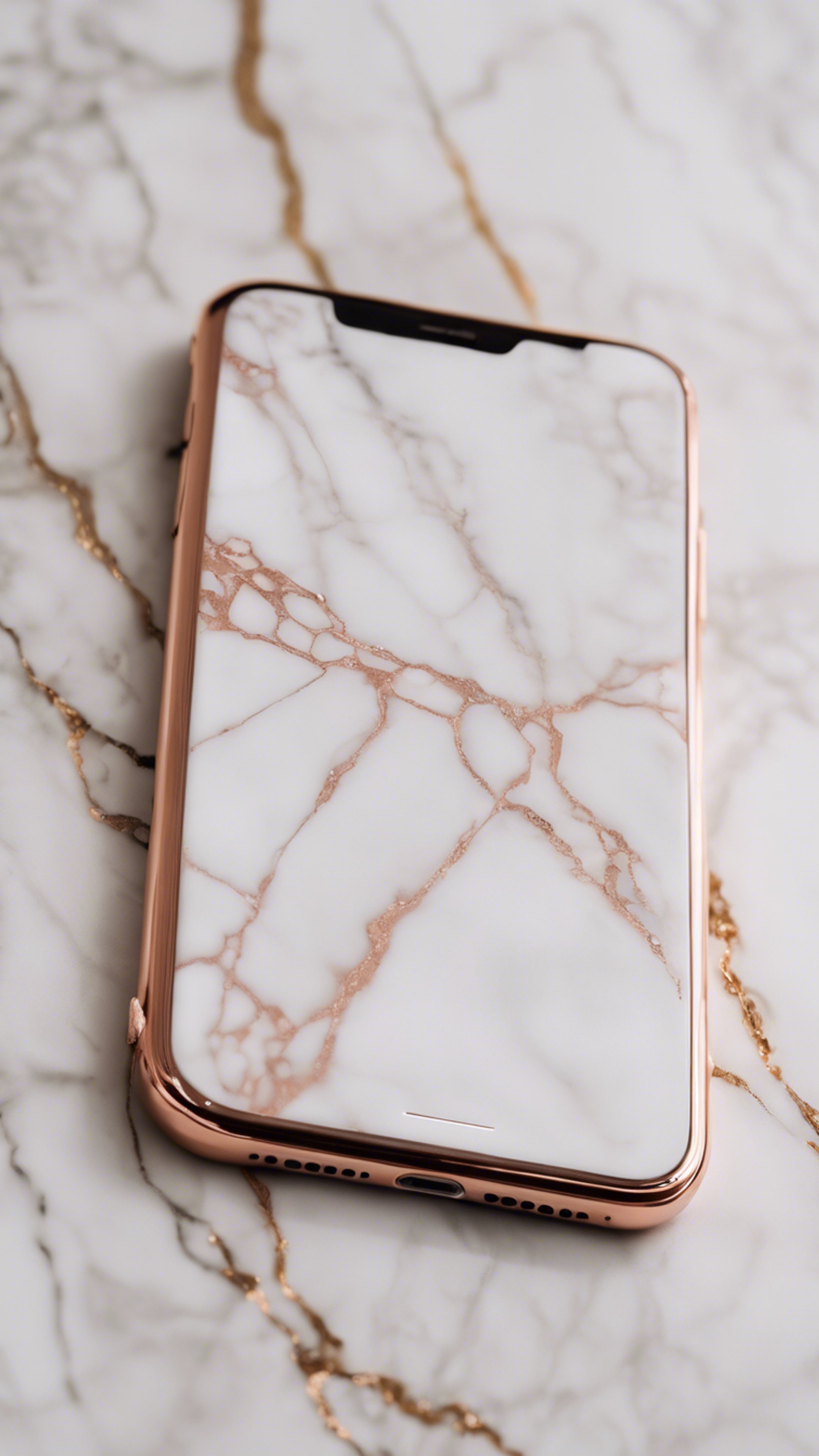 A pristine rose gold iPhone with a white marble case, laying on a marble countertop. Wallpaper[943dd7cf1d2841d5b4cf]