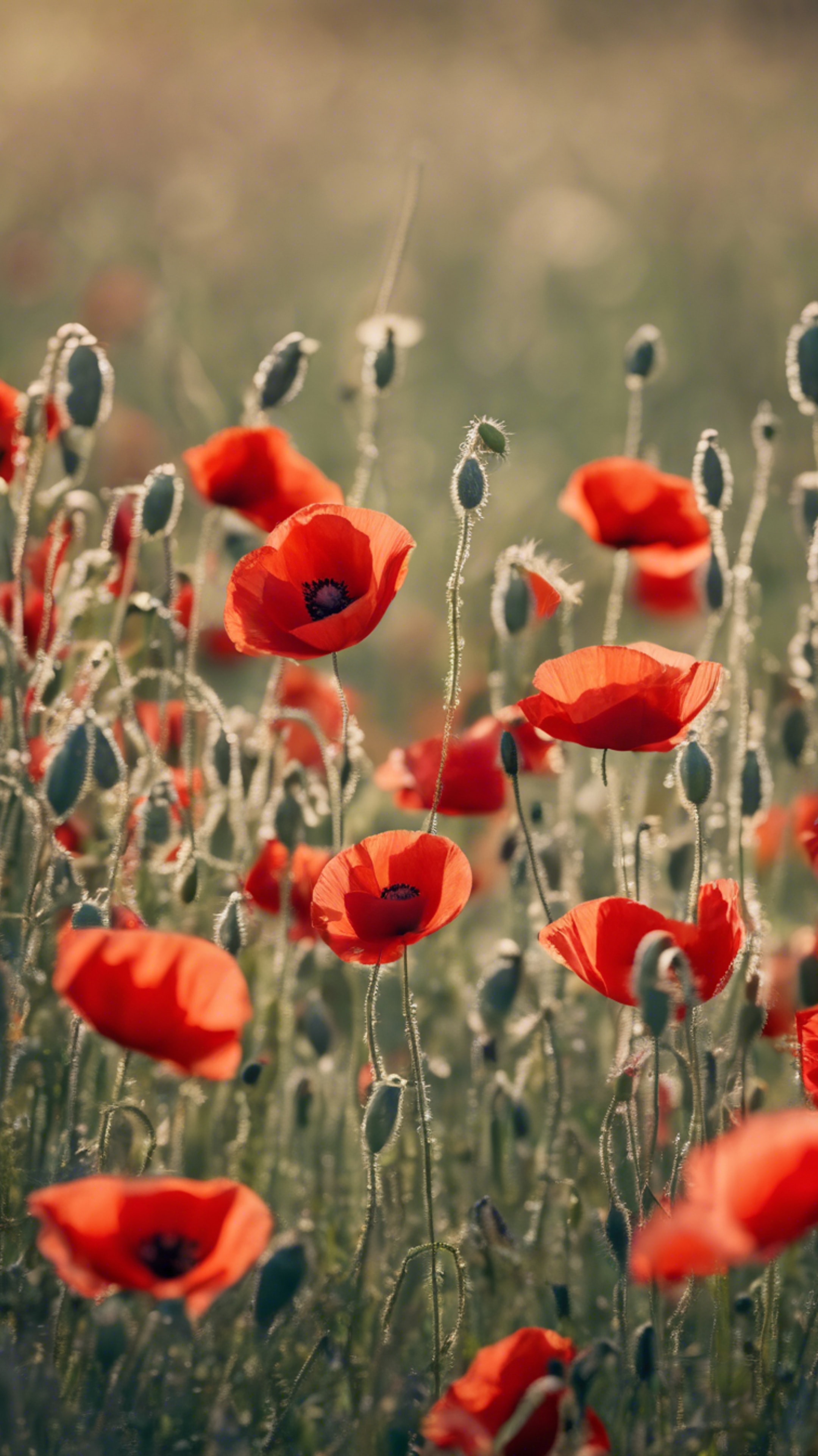 A field filled with vibrant red poppies swaying in the spring breeze. Wallpaper[9db431b556e04064a371]