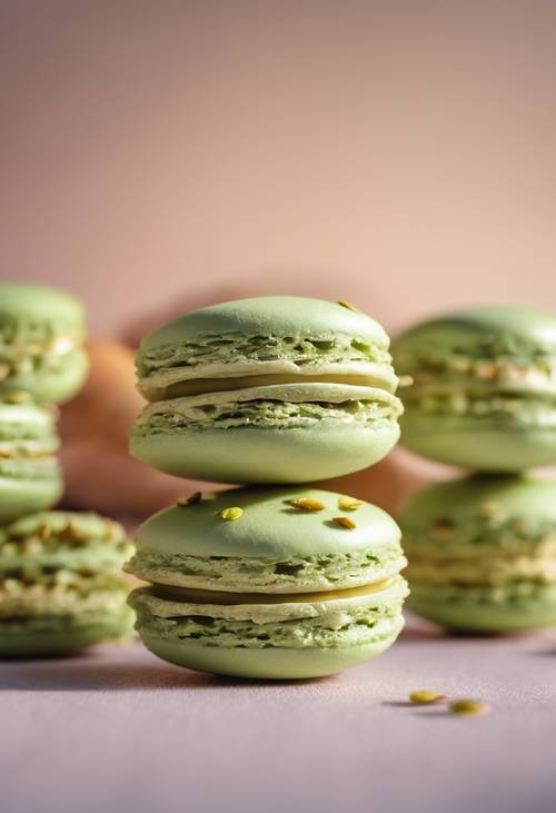 A pistachio-flavored macaron lit by soft, warm, afternoon light.