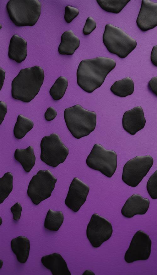 帶有不規則黑色斑塊的紫色牛皮圖案的特寫。