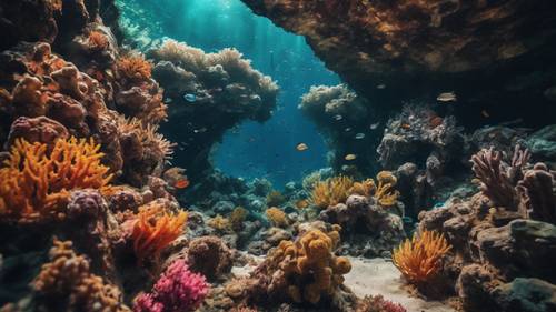 كهف بحري عميق تحت الماء يعج بالحياة المرجانية والأسماك النابضة بالحياة.