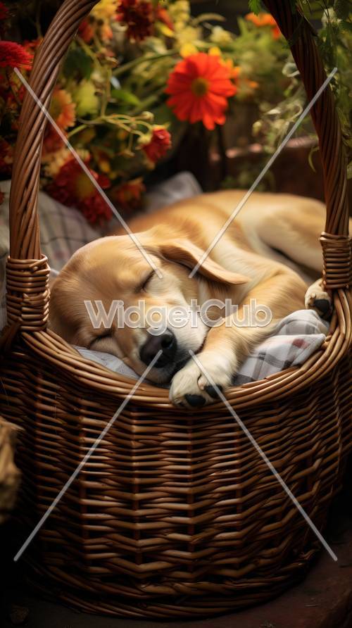 籐かごの中で眠る子犬