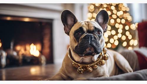 Buldogue francês feliz com uma coleira de sino, relaxando perto da lareira.