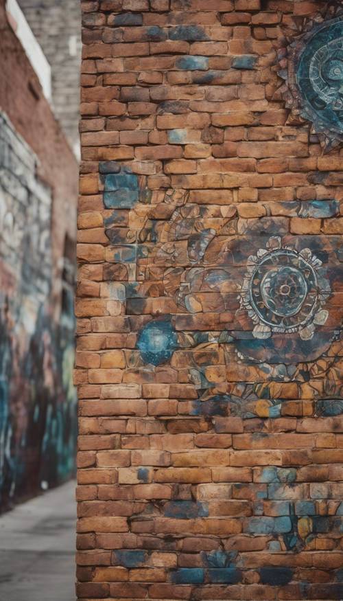 A boho-inspired mural on an old brick wall in an arts district during the day