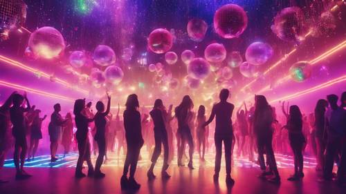 这是一个令人眼花缭乱的迪斯科俱乐部，有霓虹灯、天花板上悬挂着闪亮的迪斯科球，年轻人正在跳舞。