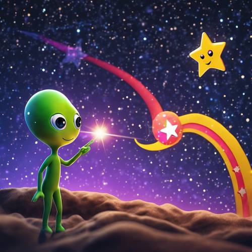 An alien emoji throwing a brightly colored shooting star across a starry sky.