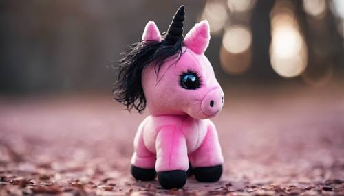 An adorable pink plush toy of a gothic unicorn with black mane and silvery horn.