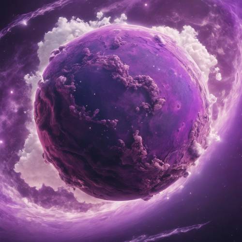 Вид сверху вниз на фиолетовую планету с кружащимися белыми облаками.