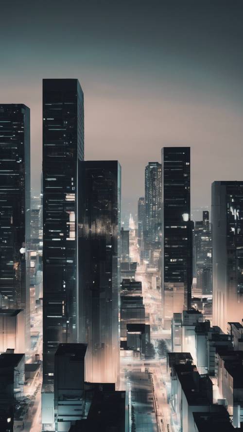 Una versión abstracta y minimalista de un paisaje urbano nocturno, con elegantes formas geométricas y una paleta de colores monocromática y fresca.