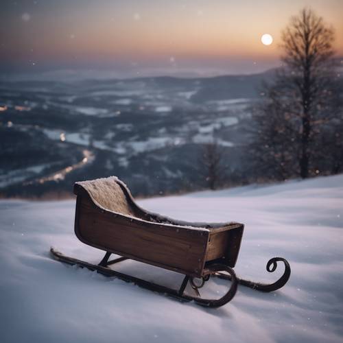 Una slitta di legno antica abbandonata in cima a una collina innevata in una limpida notte di luna. Sfondo [23fe67b3daf94644bee9]