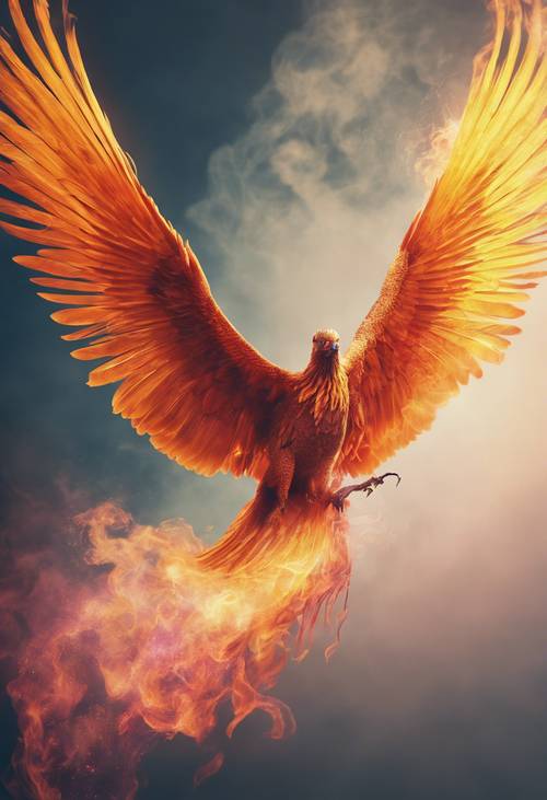 Seekor burung phoenix yang lincah membumbung tinggi di langit, meninggalkan jejak asap psikedelik yang bersinar.