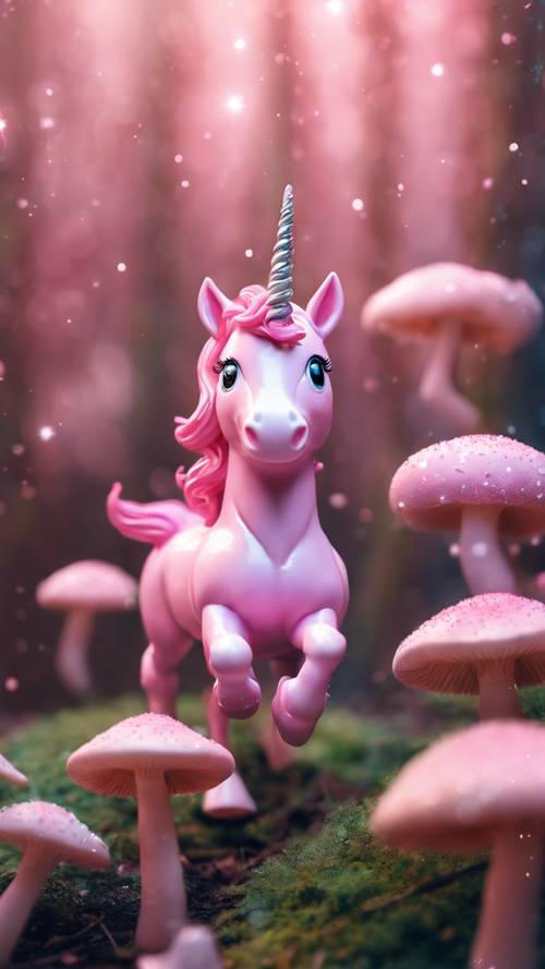 Seekor unicorn merah muda kawaii berjingkrak di hutan ajaib di antara jamur berwarna pastel dan partikel cahaya berkilau.