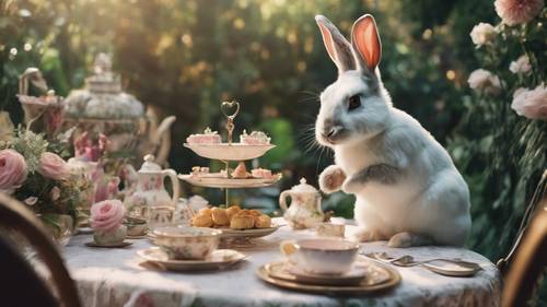 Um coelho organizando uma luxuosa festa de chá em um jardim extravagante.