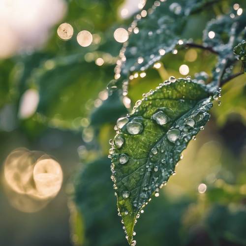 A close-up shot of dew drops on a vine's leaves at dawn.