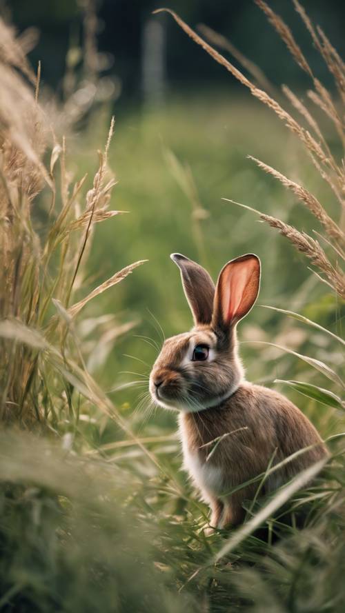 Un conejo tímido que mira desde un trozo de hierba alta y se mantiene alerta ante los depredadores.