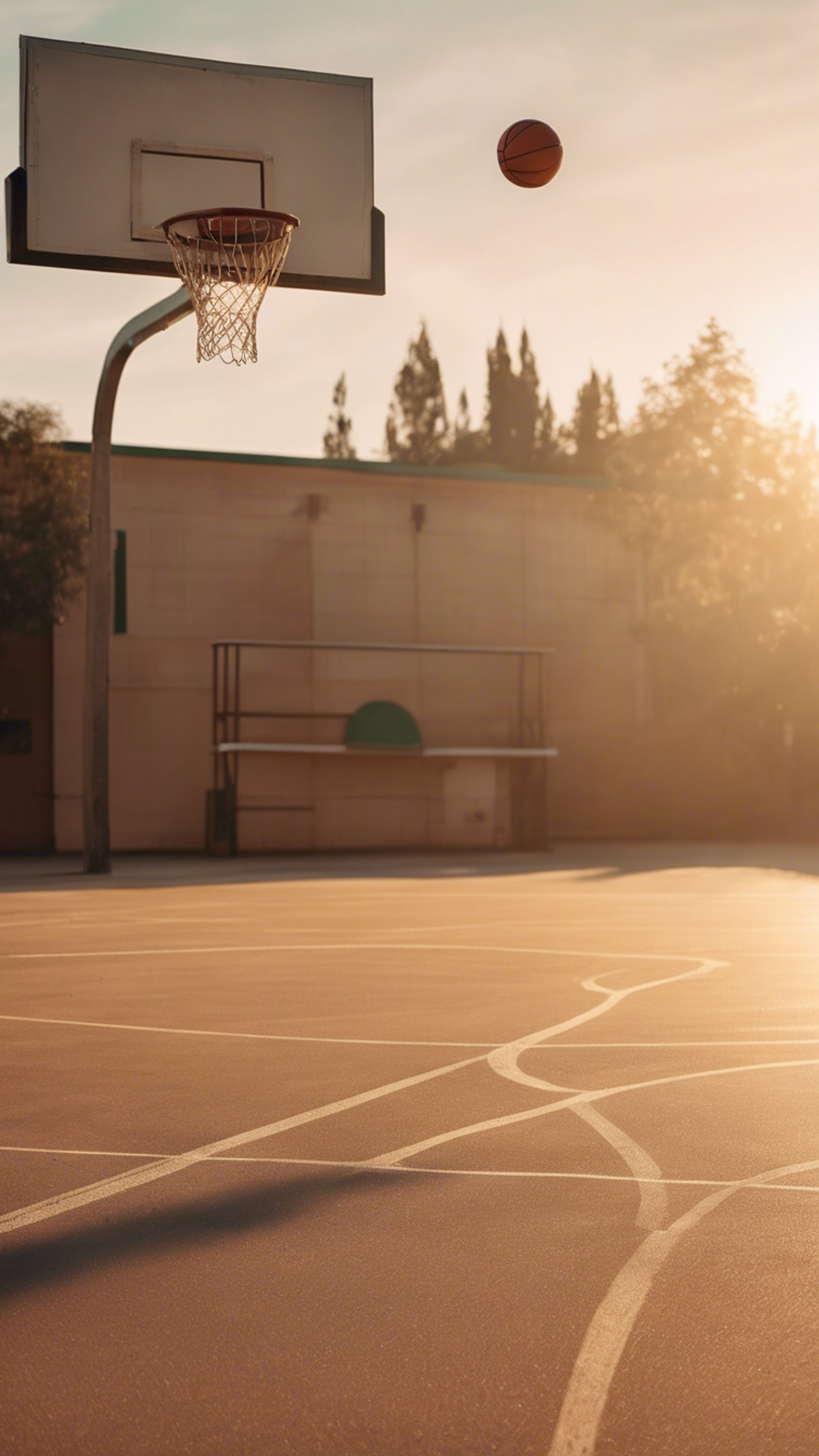 A deserted school’s basketball court in the pacific golden light of sunset. Tapet[5d35315ab9de41dcbc38]