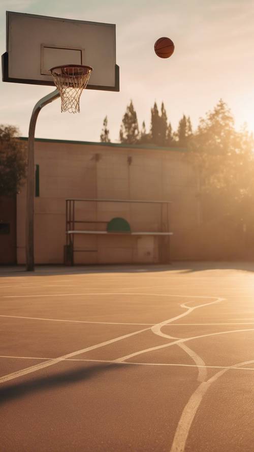 Пустынная школьная баскетбольная площадка в тихом золотом свете заката.