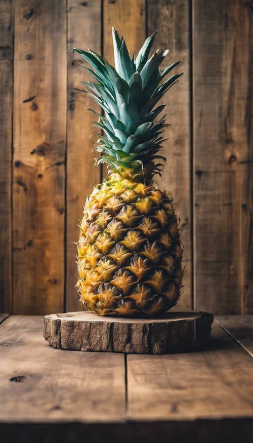 A vibrant pineapple sitting on a rustic wooden table in a brightly lit room.