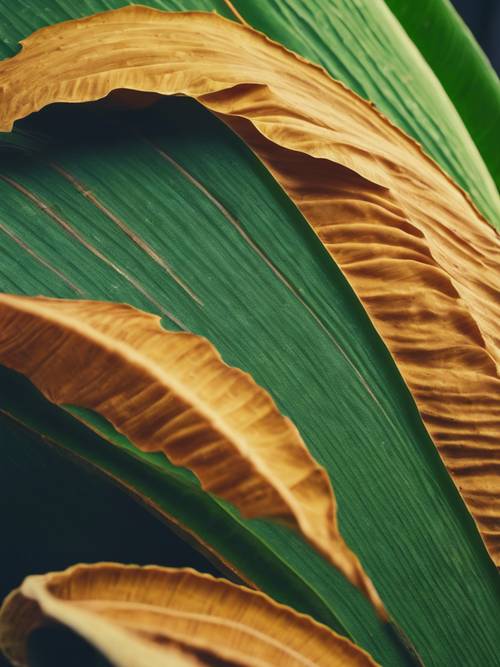 바나나 잎을 가까이서 본 모습으로 골이 있는 구조와 선명한 색상을 보여줍니다.
