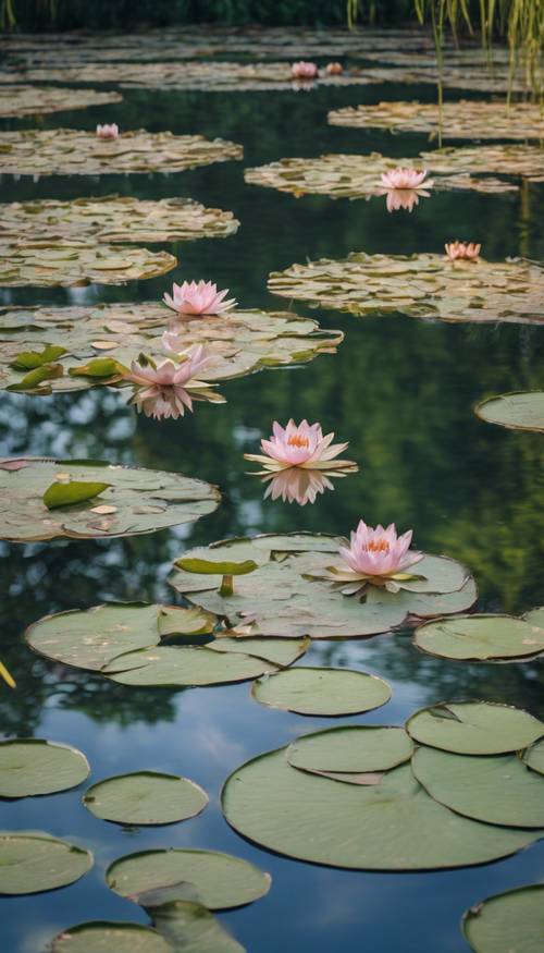 Monet's water lilies lavishly spread across a tranquil pond in his Giverny landscape.