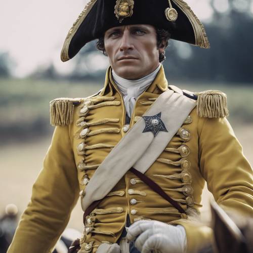 Napoleão Bonaparte em seu uniforme amarelo e dourado durante uma batalha histórica.